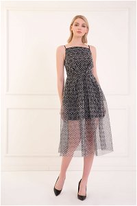 KIWE - Embroidered Lace Pleat Detailed Strap Black Midi Evening Dress