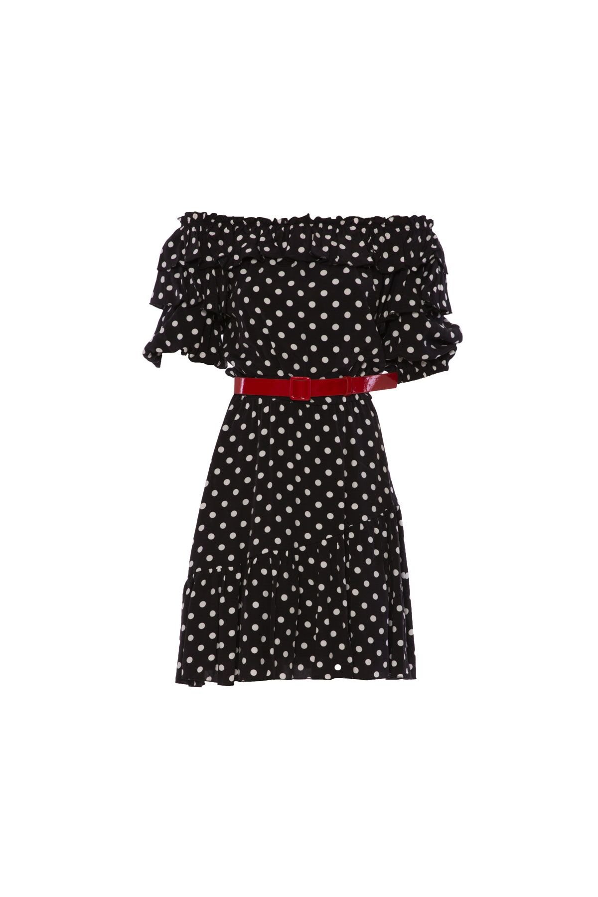 Frill Detailed Shoulder Elastic Belt Polka Dot Black Midi Dress