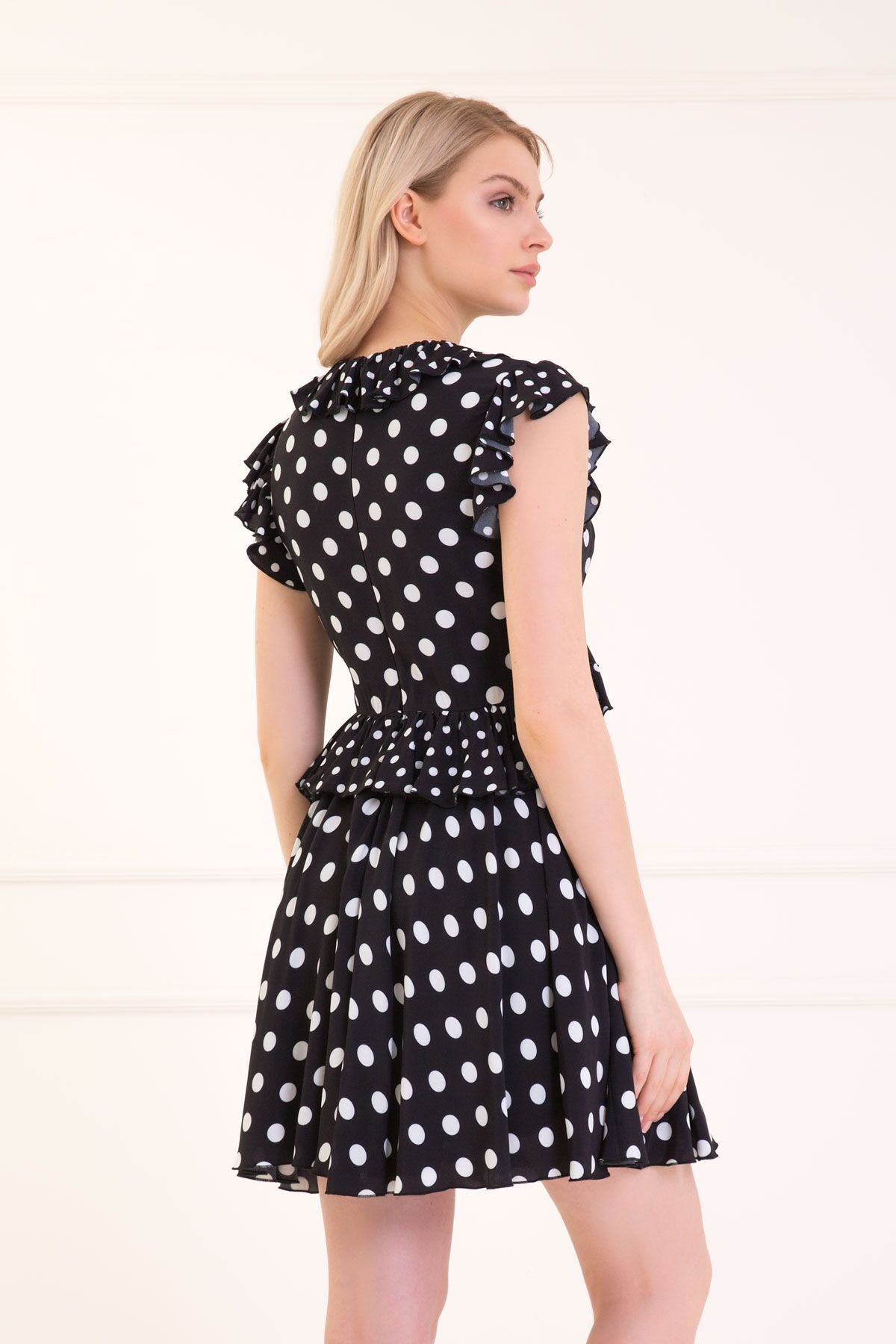 Ruffle And Flounce Detail Polka Dot Black Short Dress