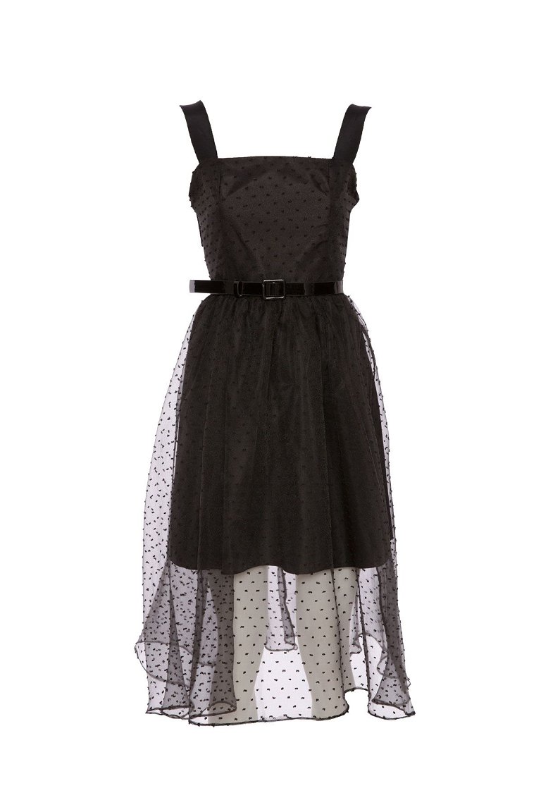 KIWE - Contrast Strap Organza Belted Midi Black Dress