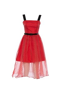 KIWE - Contrast Strap Organza Belted Midi Red Dress