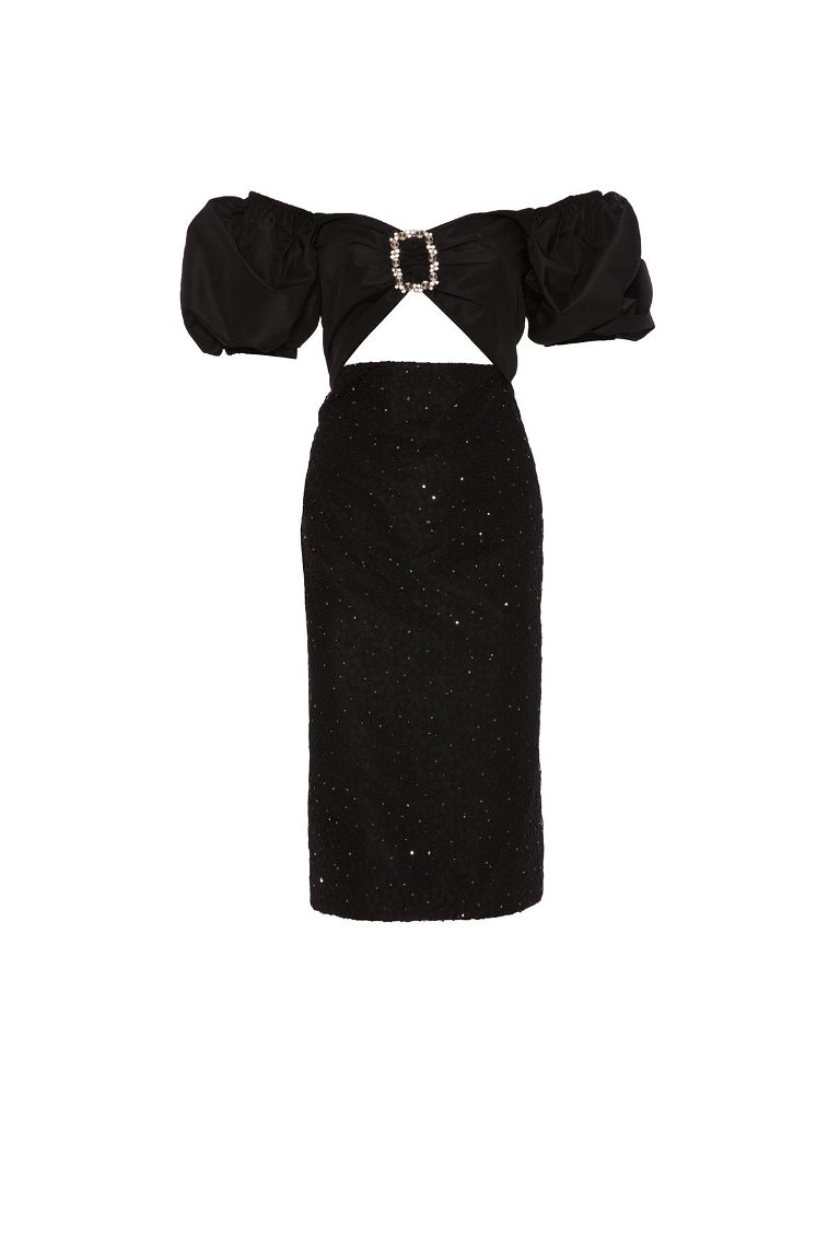 KIWE - Taşlı Tokalı Balon Kollu Siyah Midi Abiye Elbise