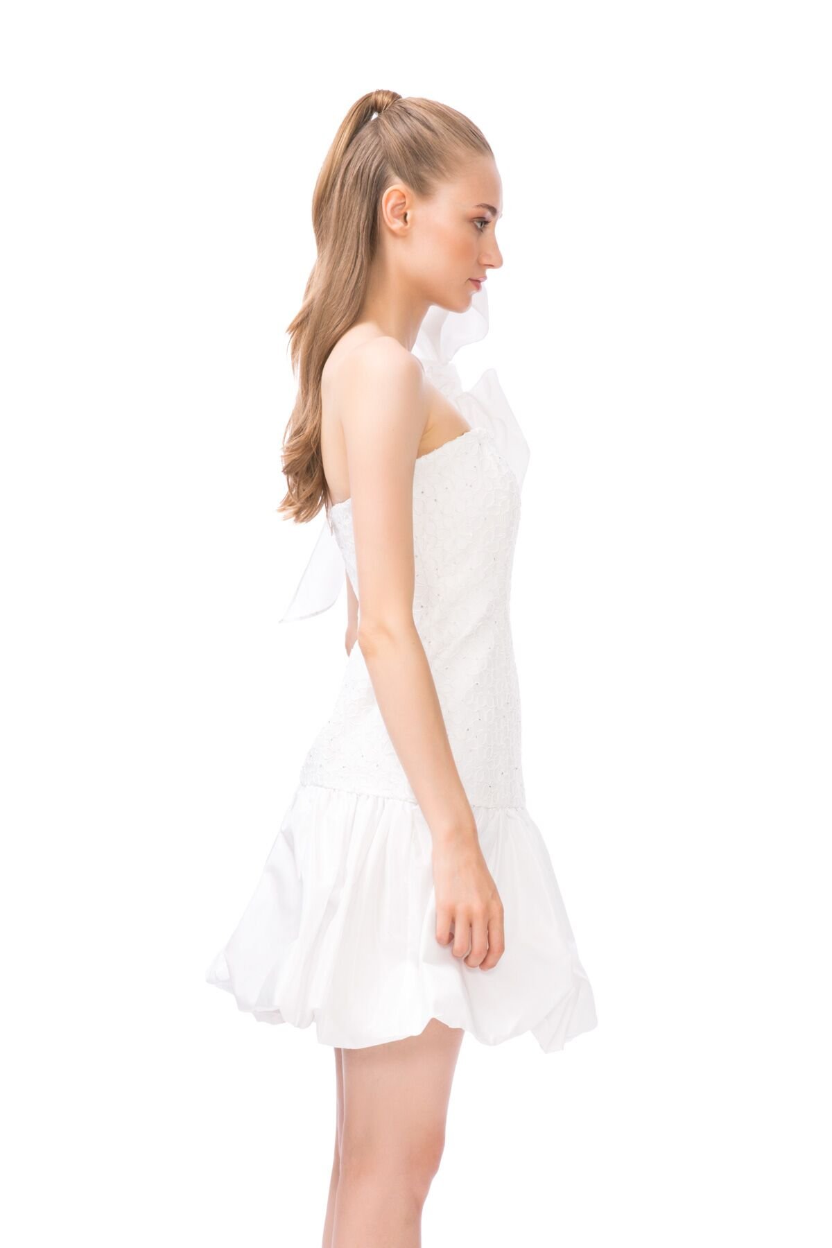 One-Shoulder Bow Balloon Skirt Lace Mini White Dress