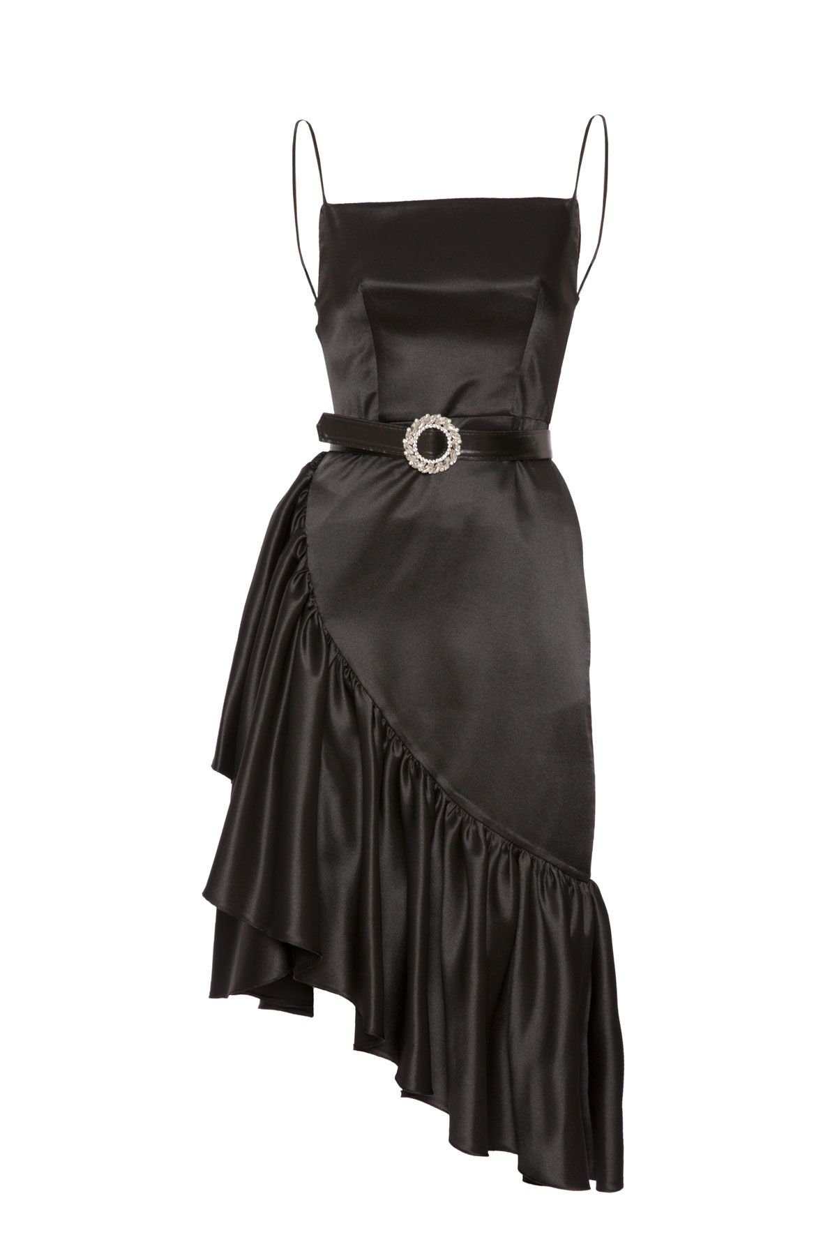 Spagetti Askılı Taşlı Kemerli Volan Etekli Midi Abiye Siyah Elbise