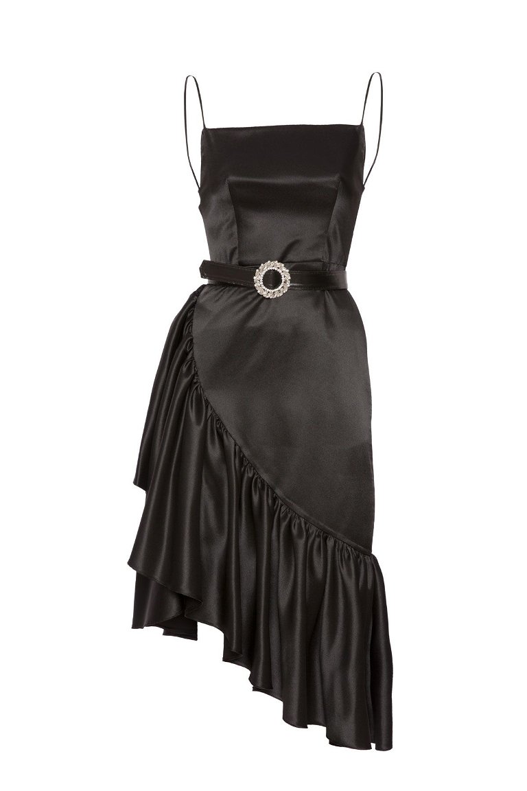 KIWE - Spagetti Askılı Taşlı Kemerli Volan Etekli Midi Abiye Siyah Elbise
