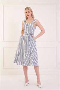 KIWE - Striped Linen Strap Belted Blue Midi Dress
