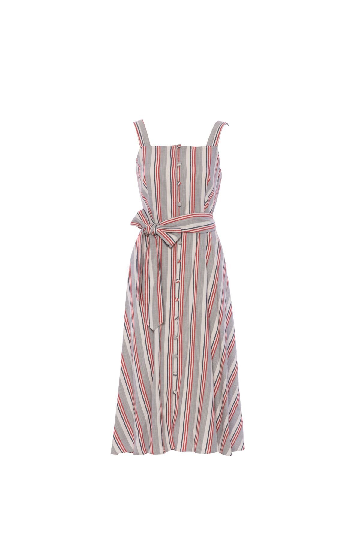 Striped Linen Strap Belted Fabric Button Midi Dress