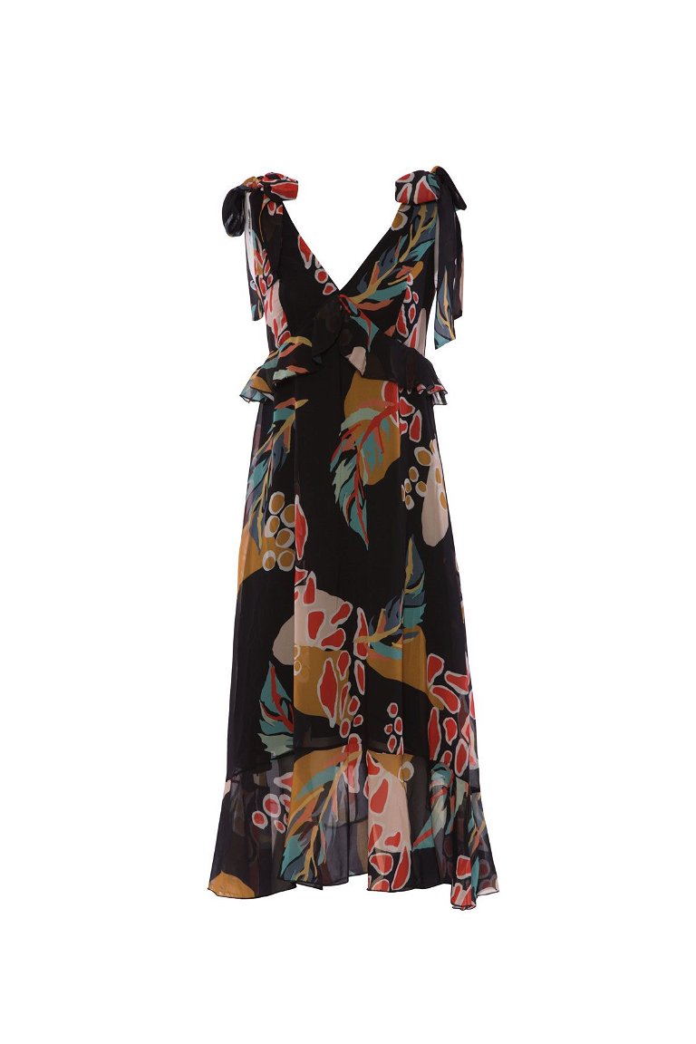 KIWE - Desenli Volanlı V Yakalı Şifon Midi Elbise