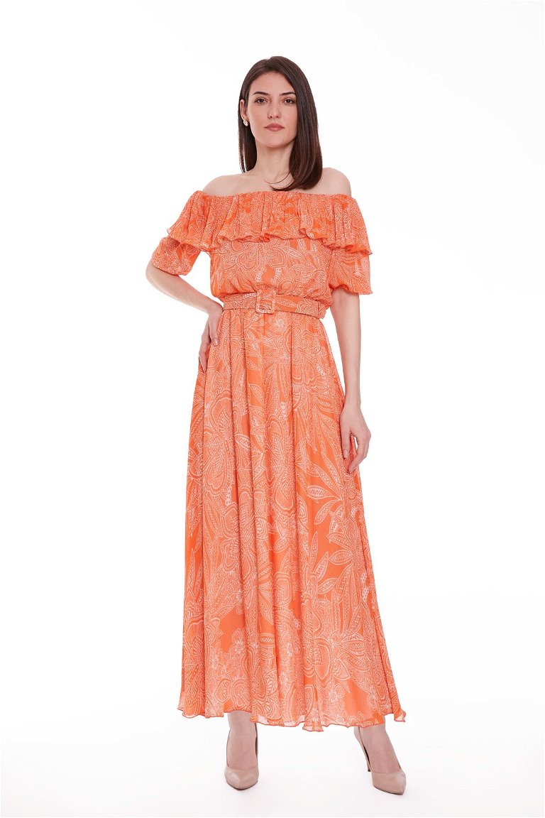 KIWE - Off-Shoulder Patterned Chiffon Midi Orange Dress