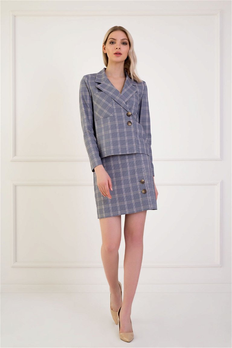 4G CLASSIC - Ekose Desenli Kruvaze Ceketli Lacivert Takım Elbise