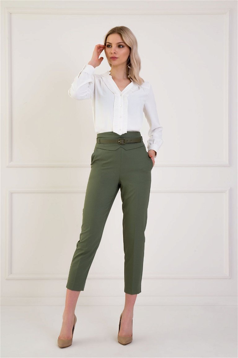 KIWE - Kemer Pili Detaylı Havuç Yeşil Pantolon