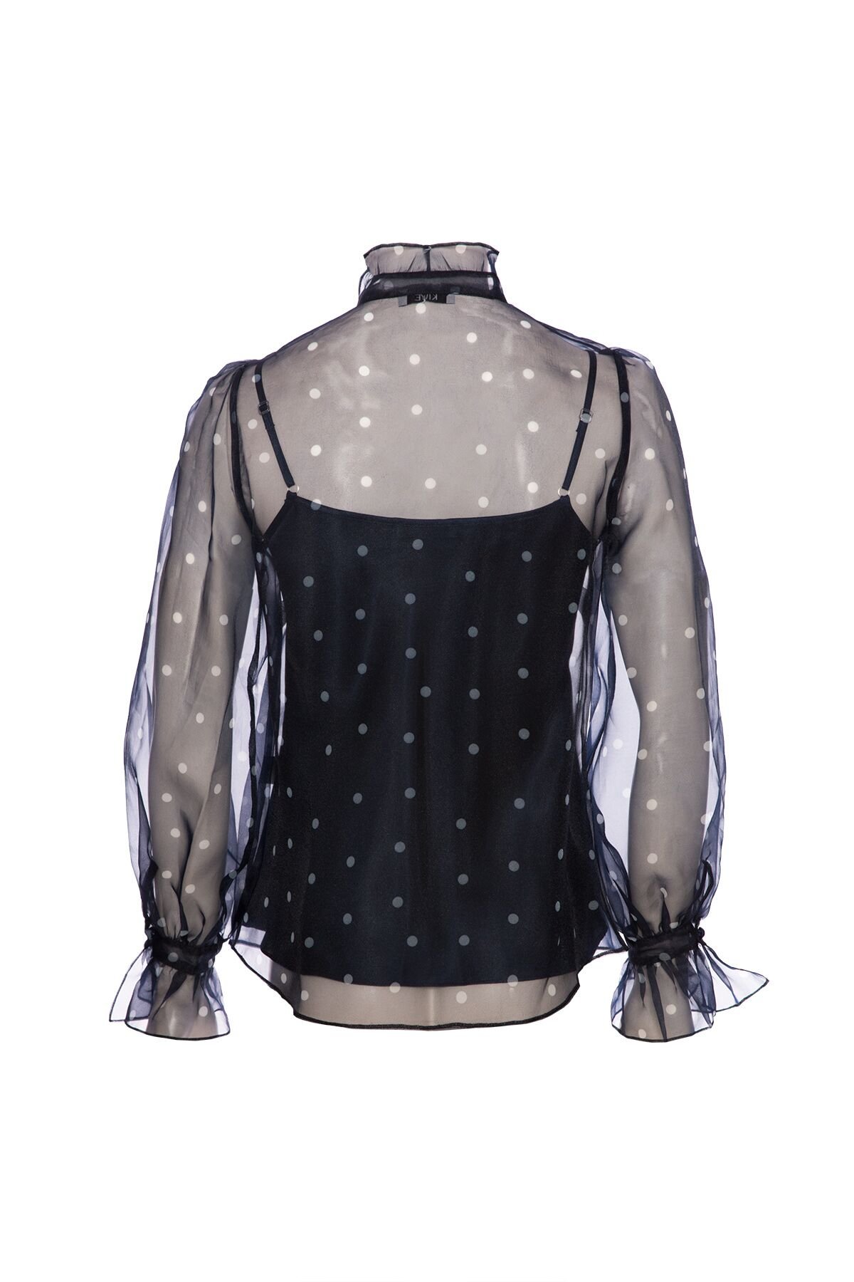Polka Dot Navy Blue Shirt With Ruffle And Flounce Detail On The Collar