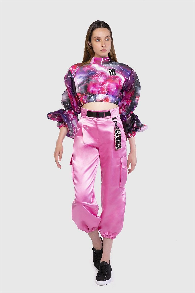 GIZIA SPORT - Detailed High Waist Wide Cut Satin Pink Trousers