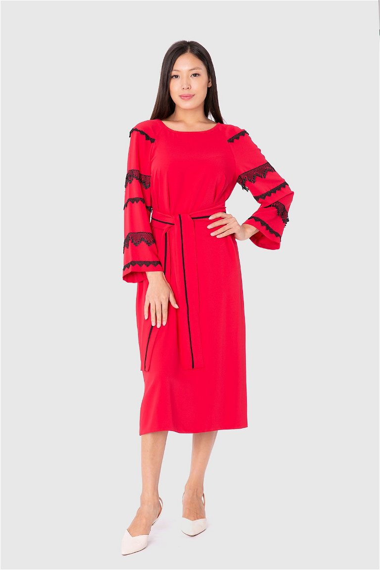 KIWE - With Lace Detailed Belted Sleeves Dark Red Dress