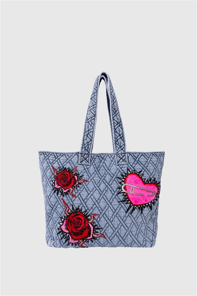  GIZIA - Quilted And Embroidery Detailed Jean Blue Tote Bag