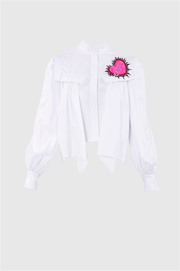 GIZIA - Embroidery Detailed Balloon Sleeve Crop White Shirt