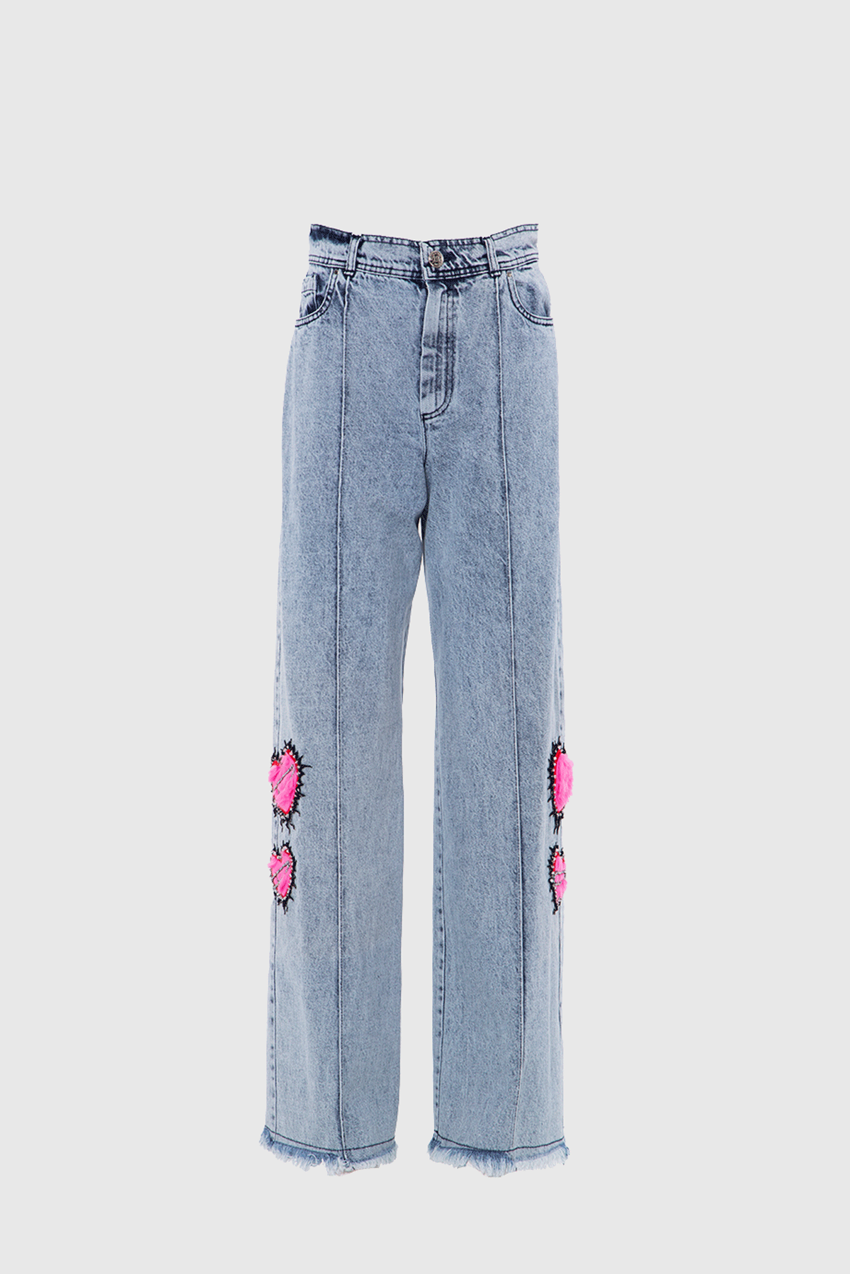 GIZIA - High Waist Embroidery Detailed Straight Cut Blue Trousers