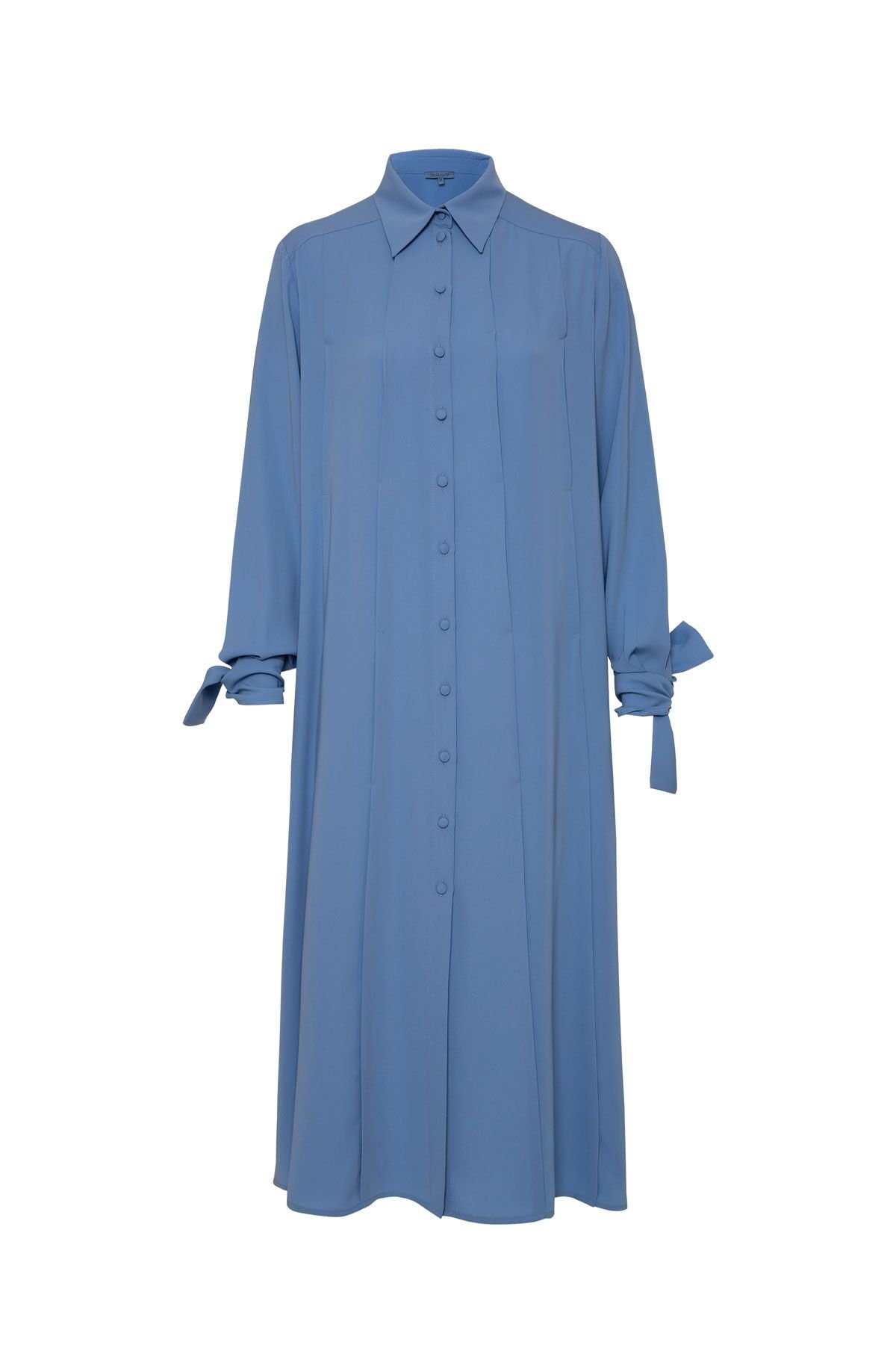 Manşeti Bağlama Detaylı Uzun Gömlek Mavi Elbise