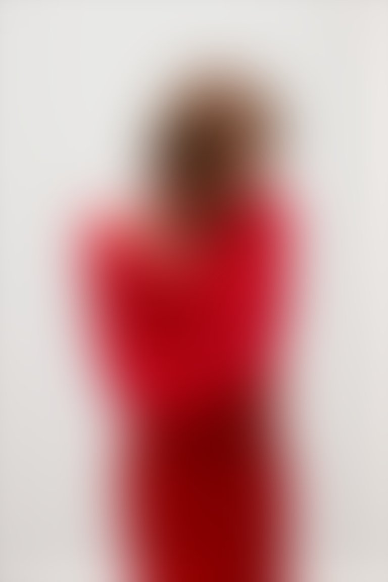 Asimetrik Yaka Detaylı Dar Kesim Midi Kırmızı Tasarım Elbise