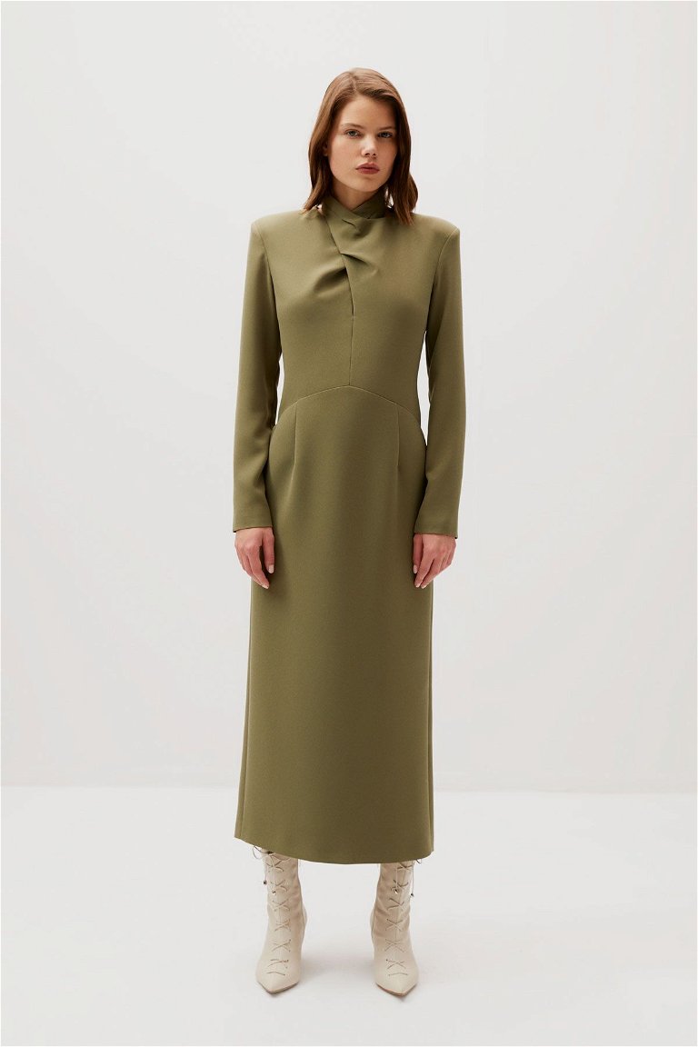 GIZIAGATE - Neck Detailed Straight Cut Ankle Length Green Dress