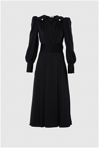 GIZIA - Button And Pleat Detailed Ankle Length Black Dress