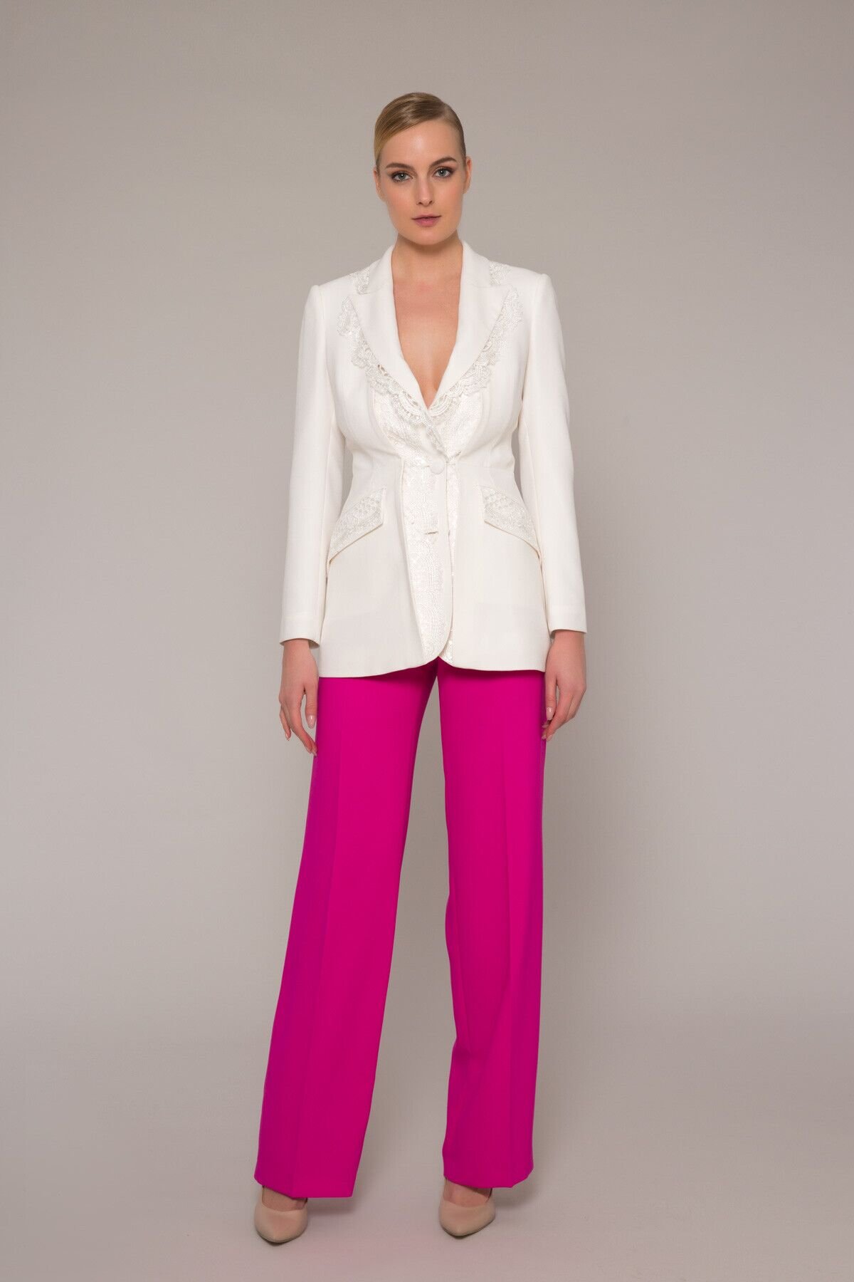 Asymmetrical Front Detail Slit Pink Crepe Trousers