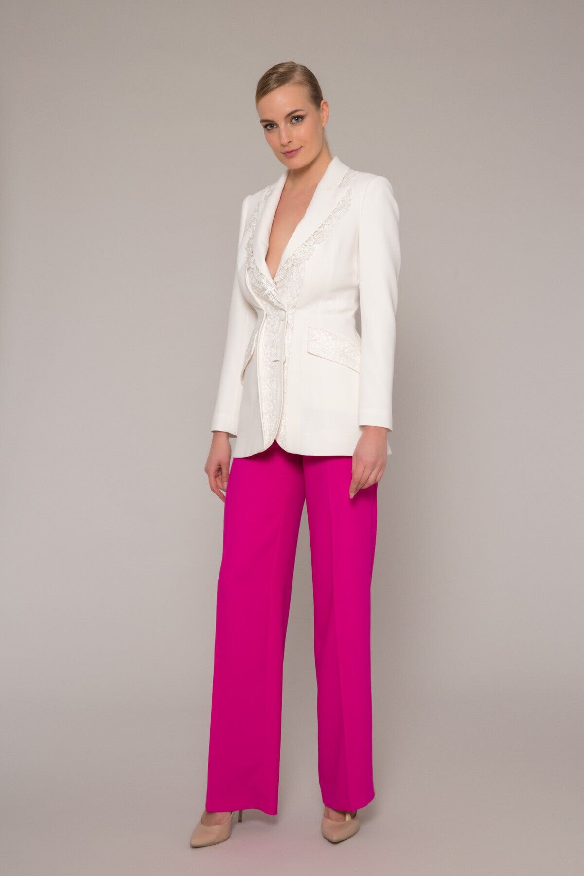 Asymmetrical Front Detail Slit Pink Crepe Trousers