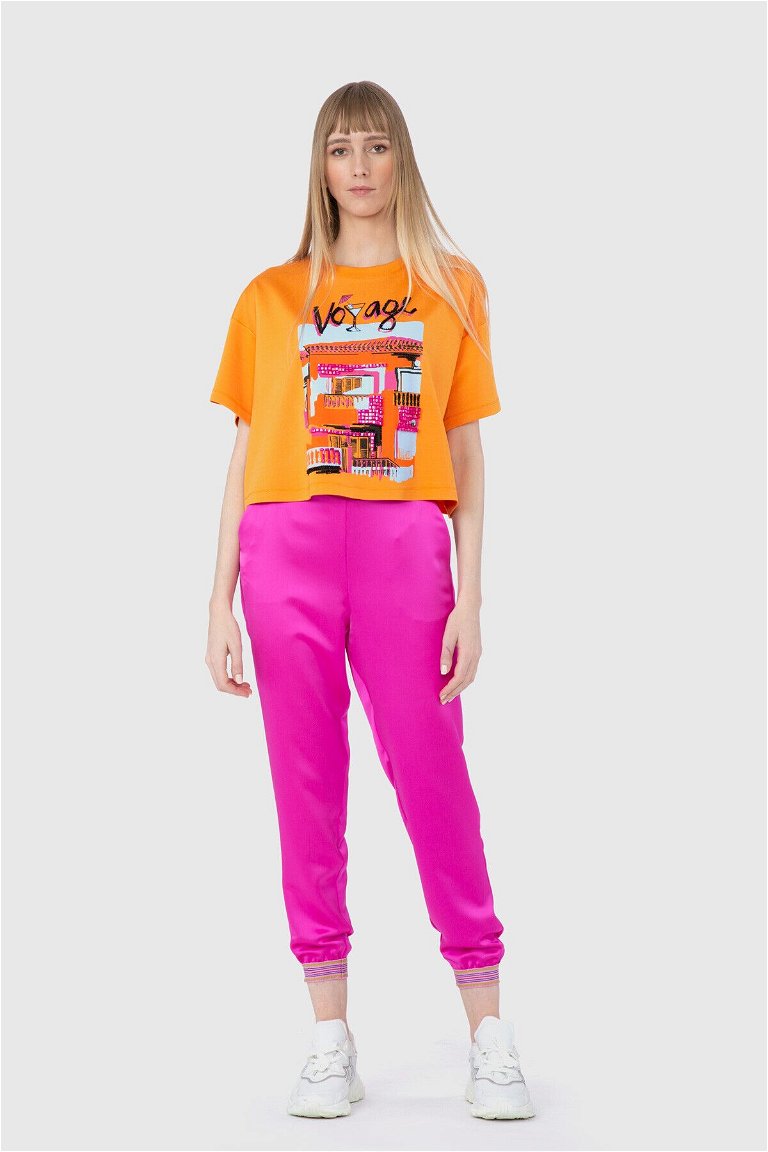  GIZIA SPORT - Print And Embroidery Detailed Oversize Crop Orange Tshirt