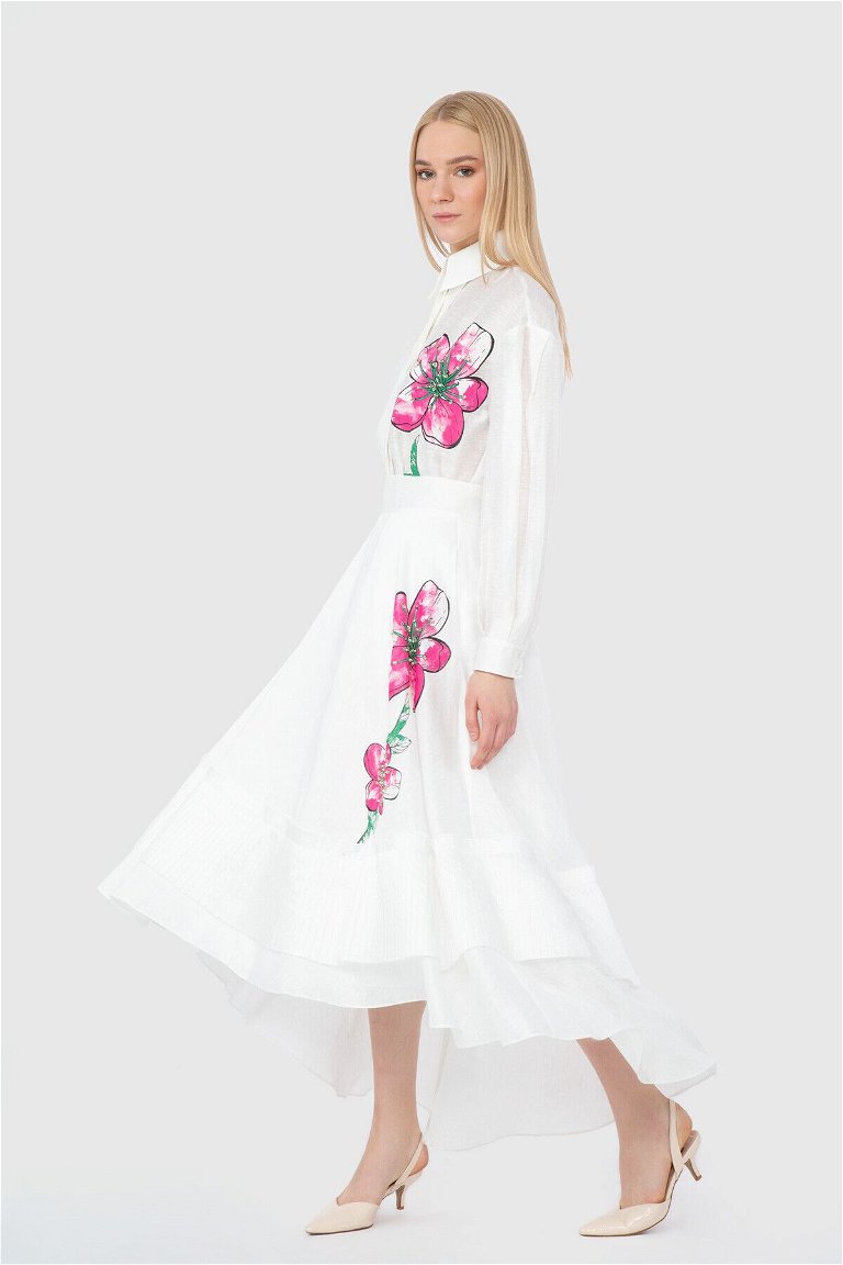 GIZIA - Floral Printed Pleated Detailed Midi Length White Skirt