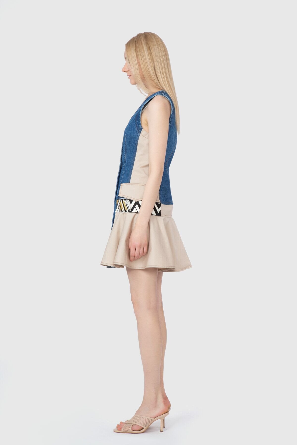Kontrast Kumaş Detaylı İşlemeli Nakış Lacivert Elbise