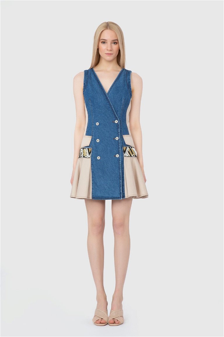  GIZIA - Kontrast Kumaş Detaylı İşlemeli Nakış Lacivert Elbise