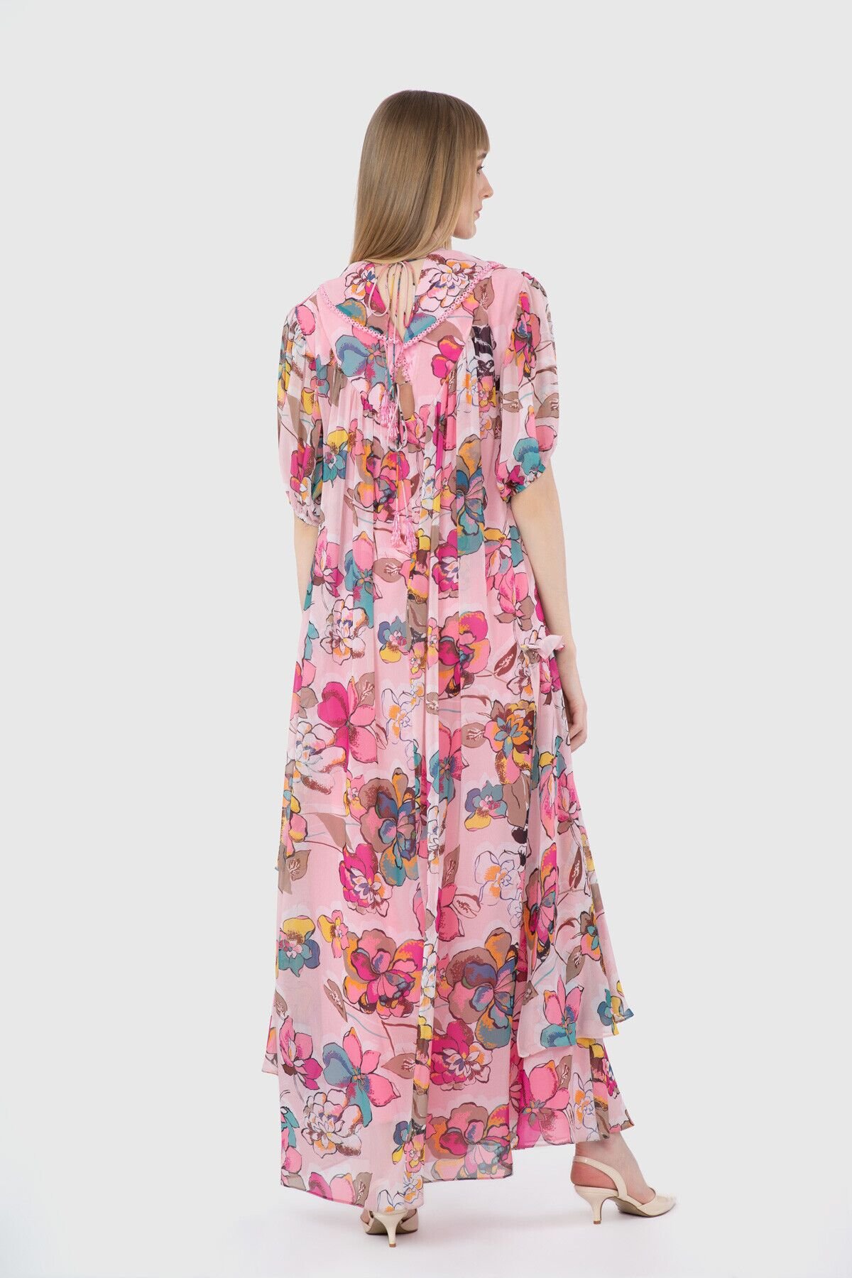 Minik Dantel Şeritli Uzun Desenli Şifon Orijinal Elbise