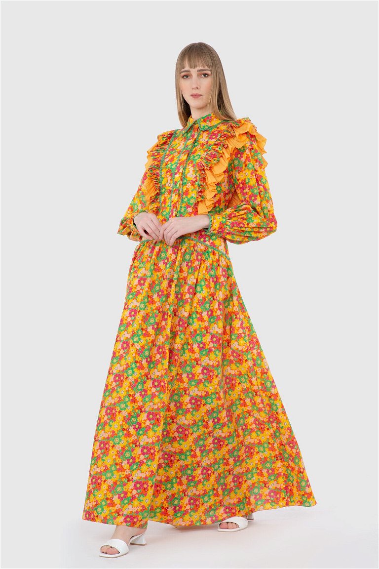 GIZIA - فستان طويل لون برتقالي بتفاصيل الألوان المتباينة