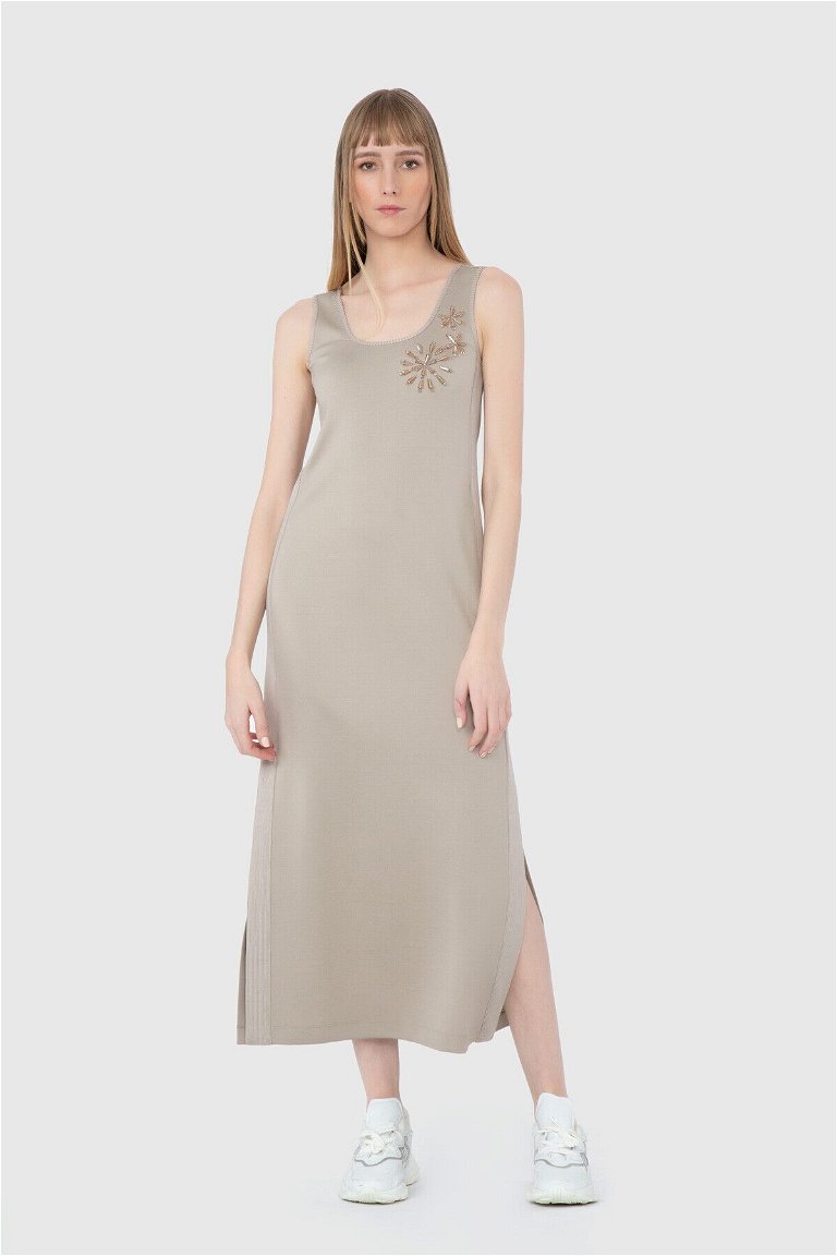  GIZIA SPORT - Şerit Detaylı 2 İplik Uzun Bej Elbise