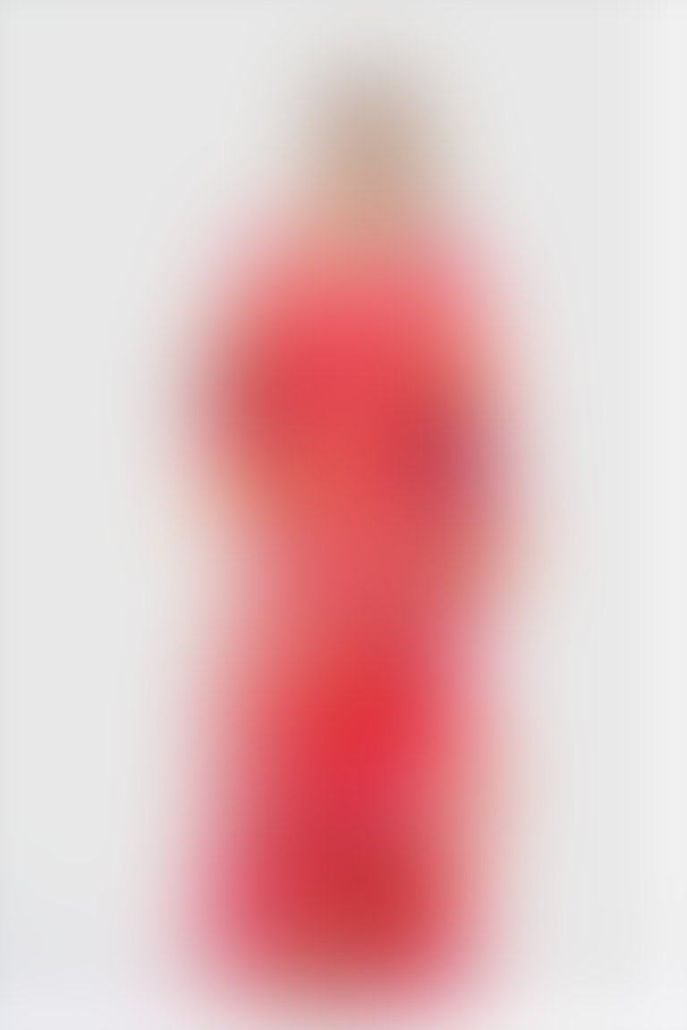 Dantel Ve Volan Detaylı Uzun Desenli Parlak Vual Turuncu Elbise
