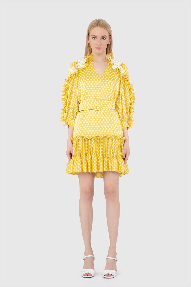 GIZIA - Pleat Detailed Polka Dot Patterned Mini Casual Yellow Dress