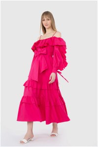 GIZIA - Düşük Kollu İp Askılı Midi Pembe Elbise