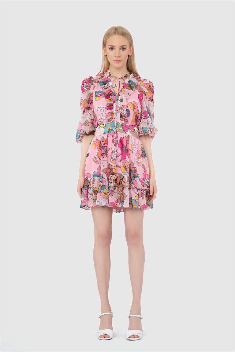  GIZIA - Neck Tie Detailed Floral Pattern Mini Dress