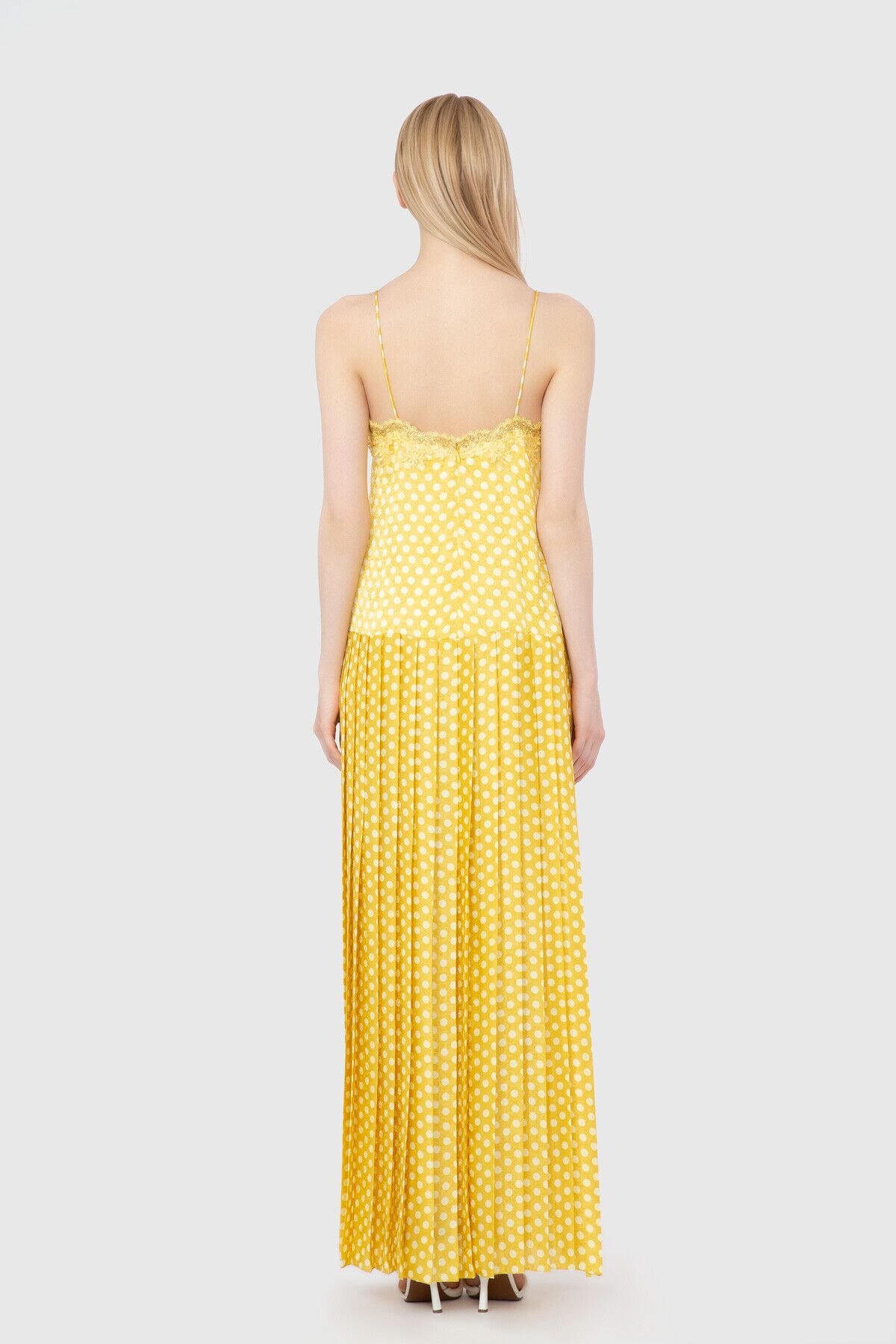 Askılı Piliseli Kumaş Düğmeli Sarı Elbise