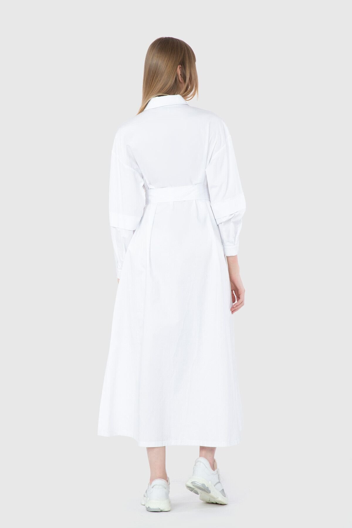 Yakası Nakış Detaylı Baskılı Uzun Poplin Beyaz Elbise