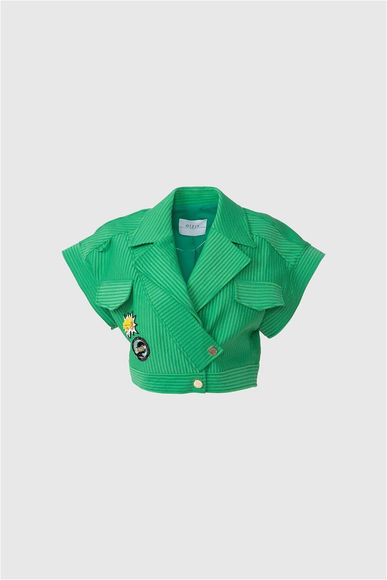 GIZIA SPORT - Nakış Logo Detaylı Çıtçıt Kapama Kısa Kol Yeşil Ceket