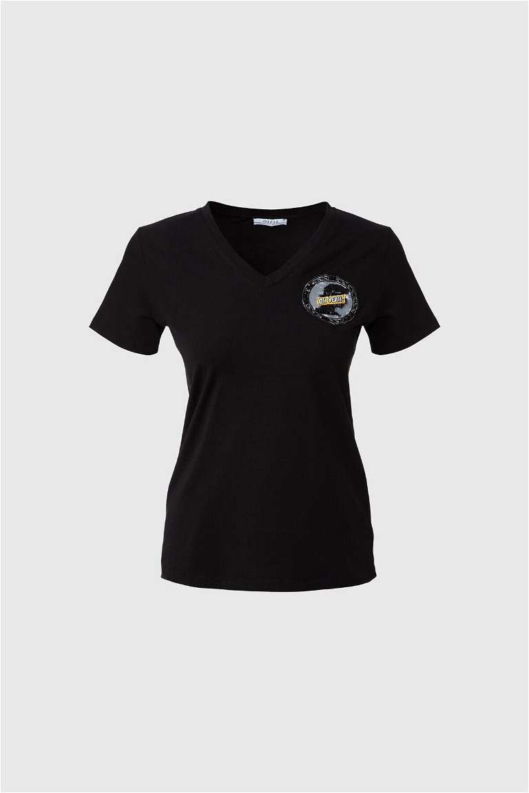  GIZIA SPORT - Nakış Logo Detaylı Siyah T-Shirt