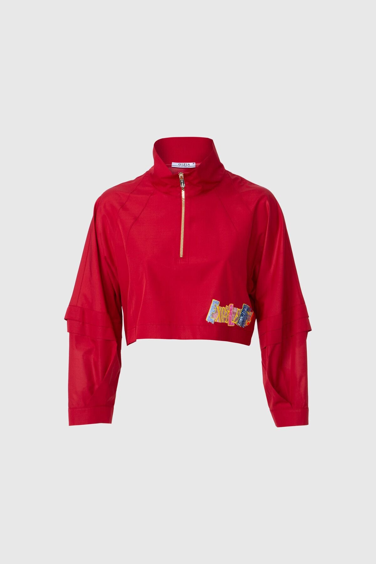 Yağmurluk Nakış Aplike Detaylı Crop Kırmızı Swetshirt