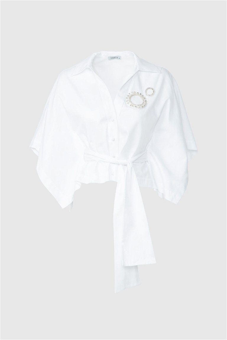 GIZIA - Belden Kuşaklı Yarasa Kol Crop Boy Beyaz Gömlek