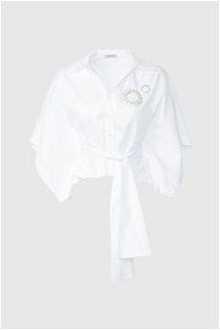 GIZIA - Waist Belted Bat Sleeve Crop Length White Shirt