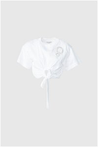  GIZIA - İşleme Detaylı Önden Büzgülü Crop Boy Poplin Beyaz Bluz