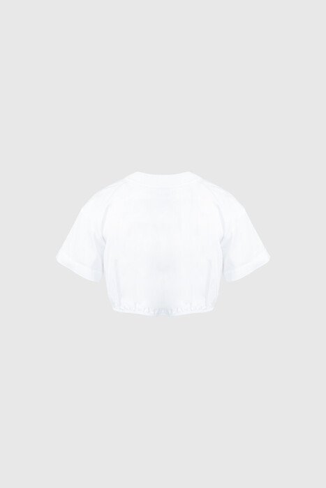 İşleme Detaylı Önden Büzgülü Crop Boy Poplin Beyaz Bluz - Thumbnail