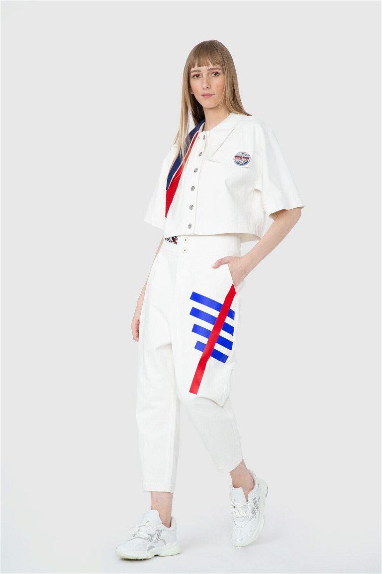  GIZIA - Yüksek Bel Baskı Ve Nakış Aplike Detaylı Şalvar Beyaz Pantolon