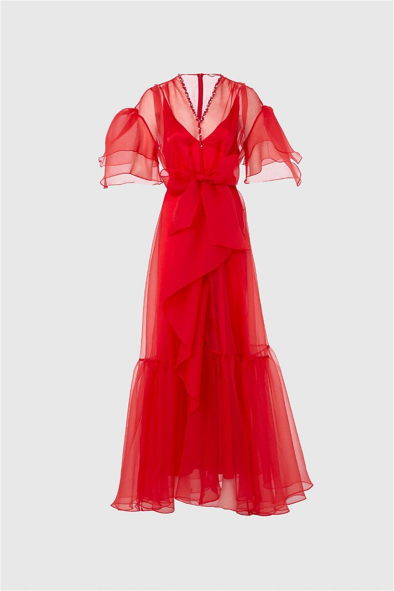  GIZIA - Boncuk Ve Taş İşlemeli, Uzun Organze Kırmızı Düğün Elbisesi