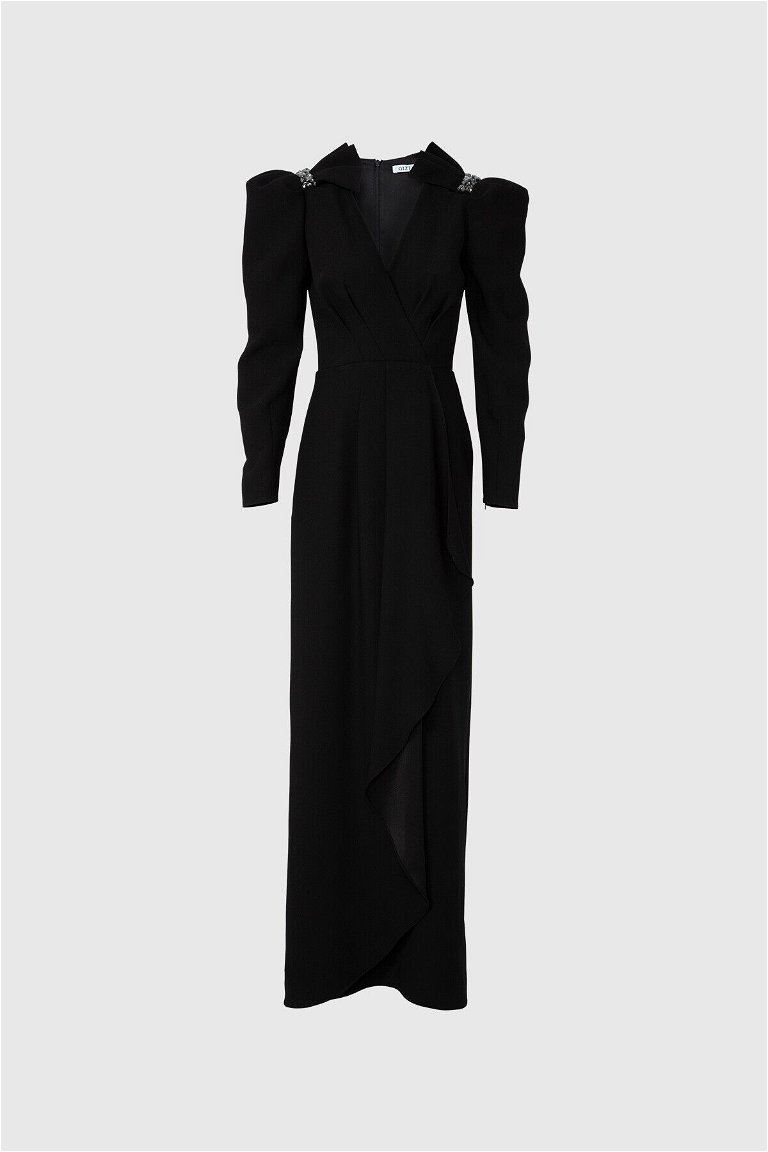  GIZIA - Yakası Taş Detaylı Uzun Siyah Elbise
